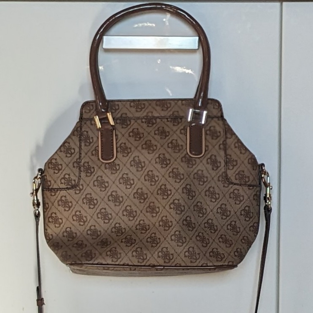 Guess Logo Remix Crossbody or Tote/Satchel Handbag Y2K Honeycomb Tan,Gold - Picture 2 of 16